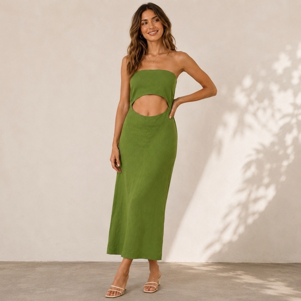 House of Harlow Tube Knit Maxi Dress – Green – Size L – Bodycon Cut-Out – NWOT